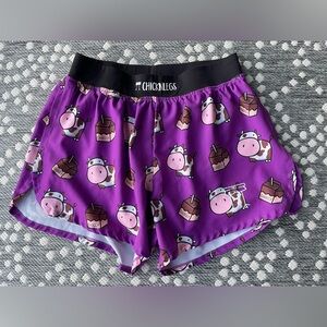 CHICKNLEGS running shorts Men’s 4” inseam Medium cow chocolate milk purple